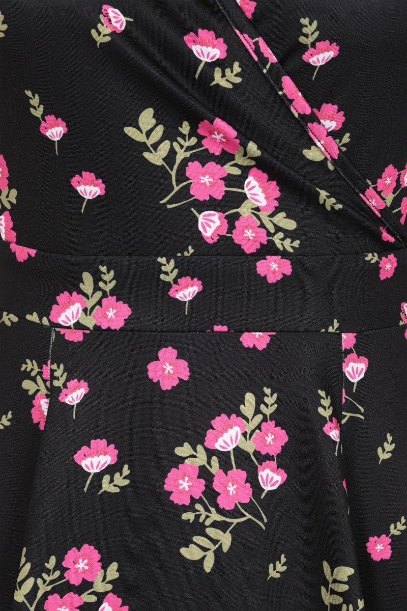 Lyra Dress - Pink Flowers on Black - Lady V London