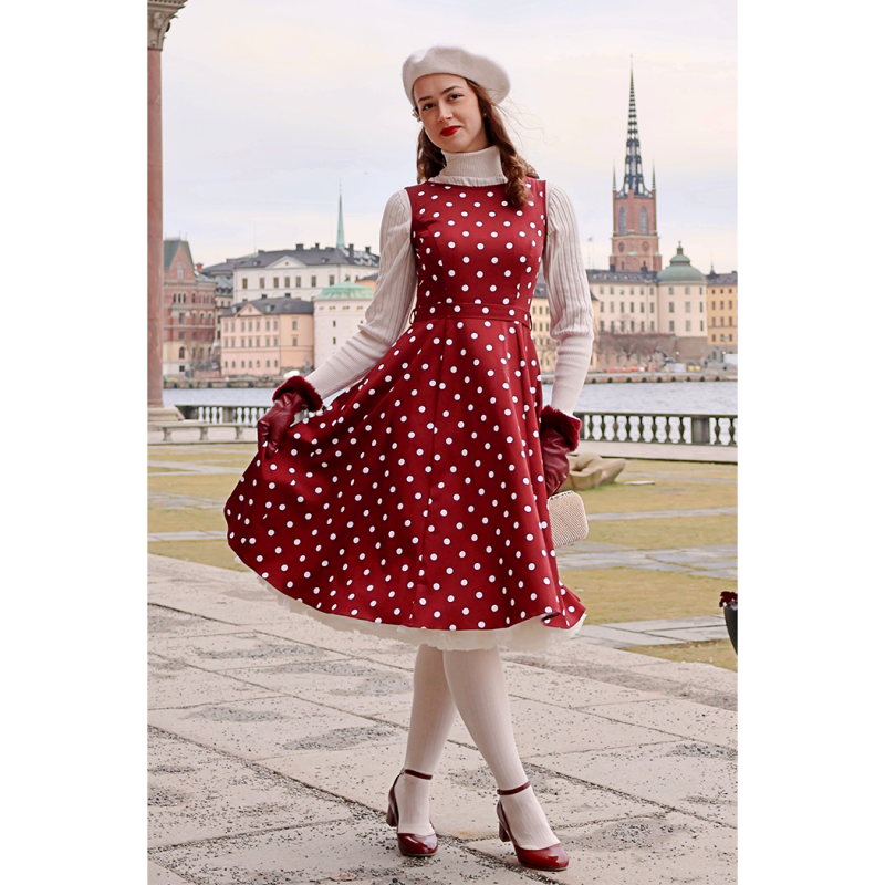 Hepburn Dress - Deep Red Polka Dot