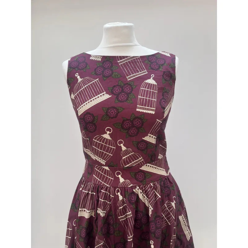 Hepburn Dress - Burgundy Bird Cages (10), Lady V London