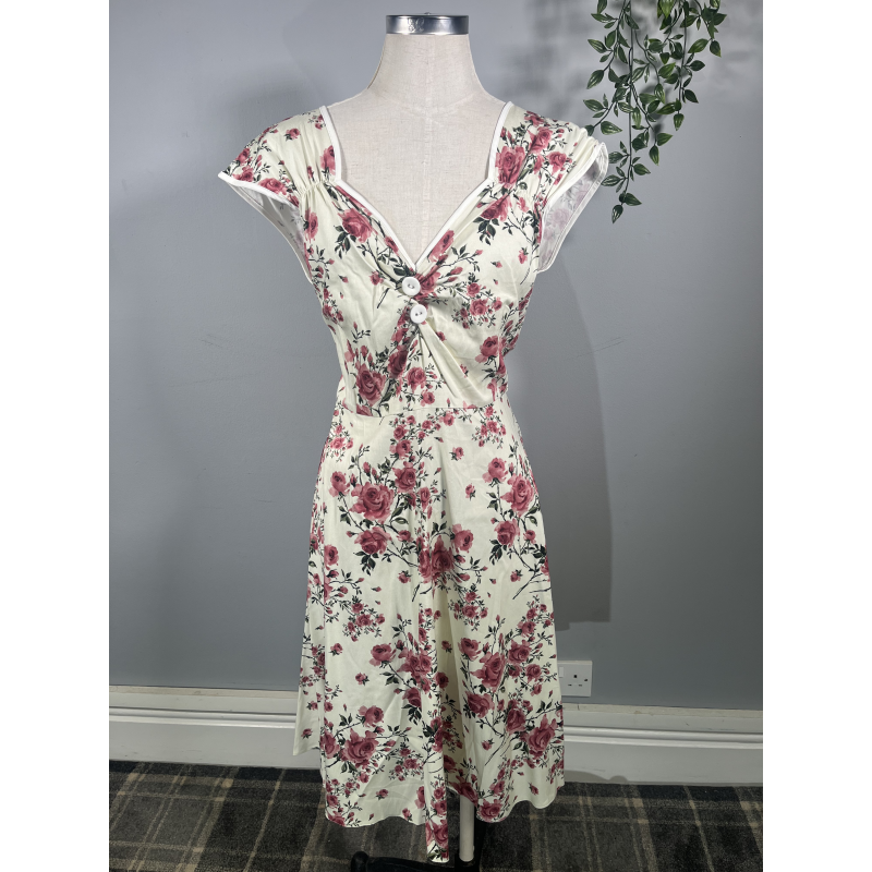 Isabella Dress - Pink Roses on Cream (14), Lady V London