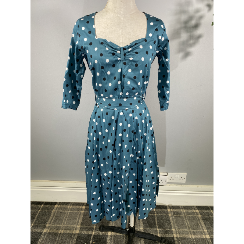 Lady V Dress - Long Sleeve Teal Polka, Lady V London