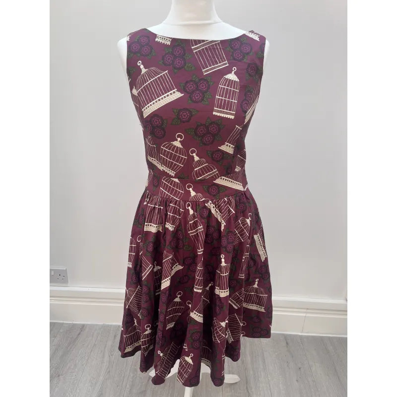 Hepburn Dress - Burgundy Bird Cages (10), Lady V London
