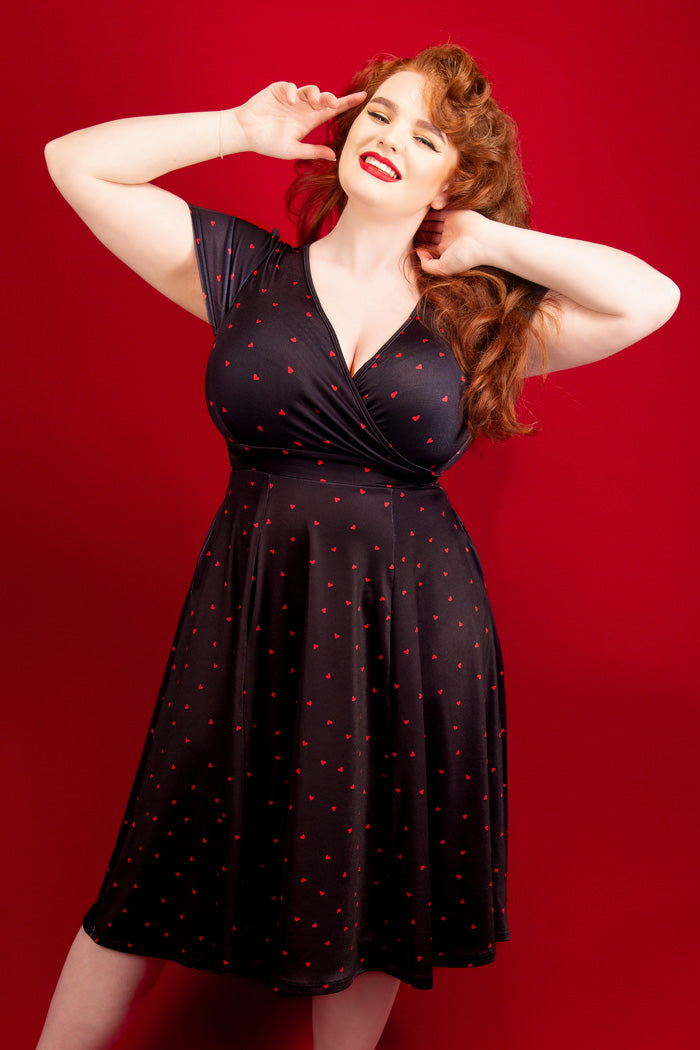 Lyra Dress - Red Hearts on Black, Lady V London