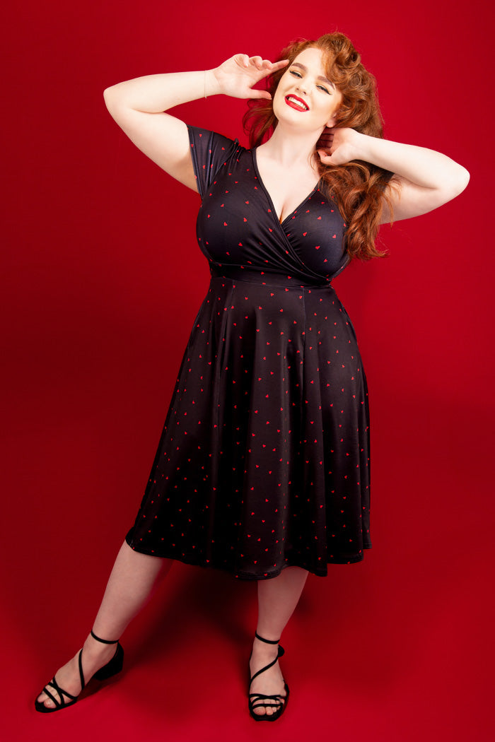 Lyra Dress - Red Hearts on Black, Lady V London