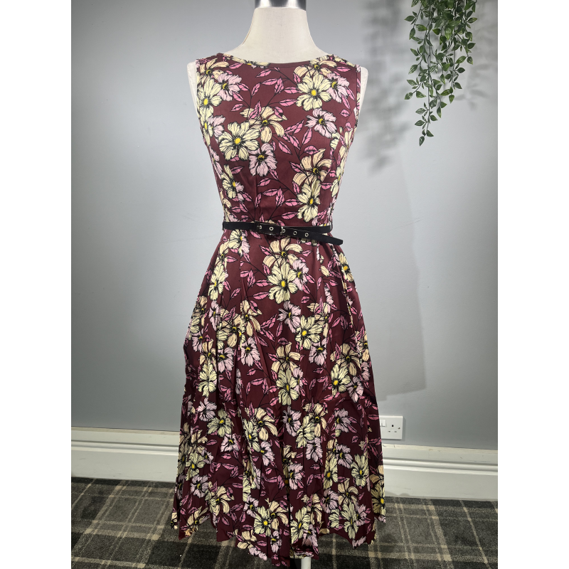 Hepburn Dress - Maroon Flowers (08), Lady V London