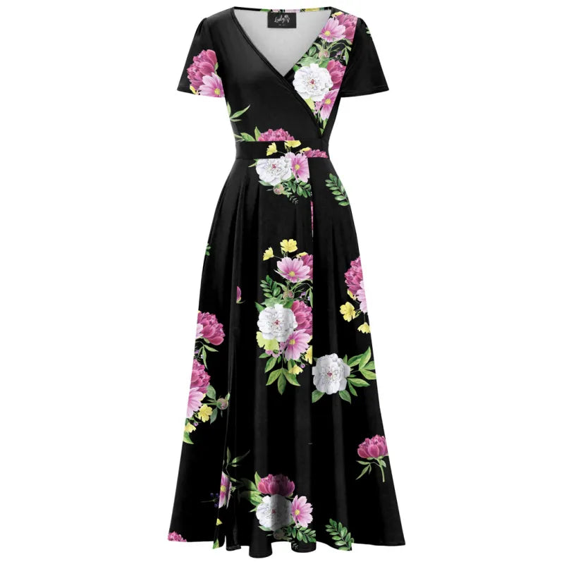 Lyra Maxi Dress Summer Floral On Black – Lady V London