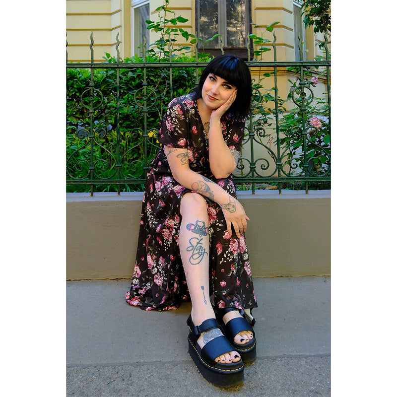 Lyra - Maxi Dress - Pink Blooms on Black