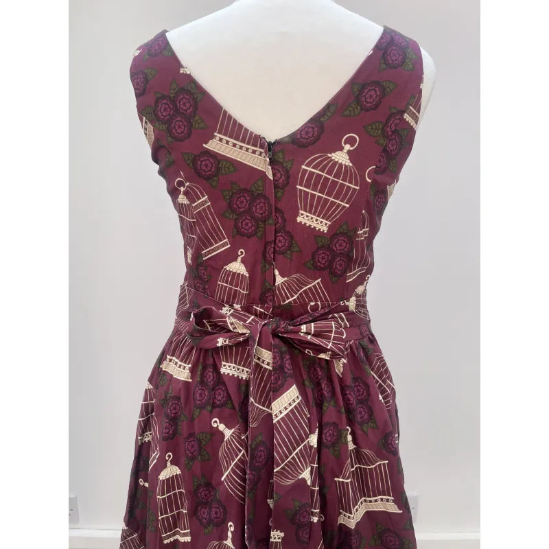 Hepburn Dress - Burgundy Bird Cages (10), Lady V London