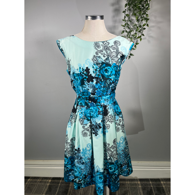 Leila Dress - Blue Damask Border (12), Lady V London