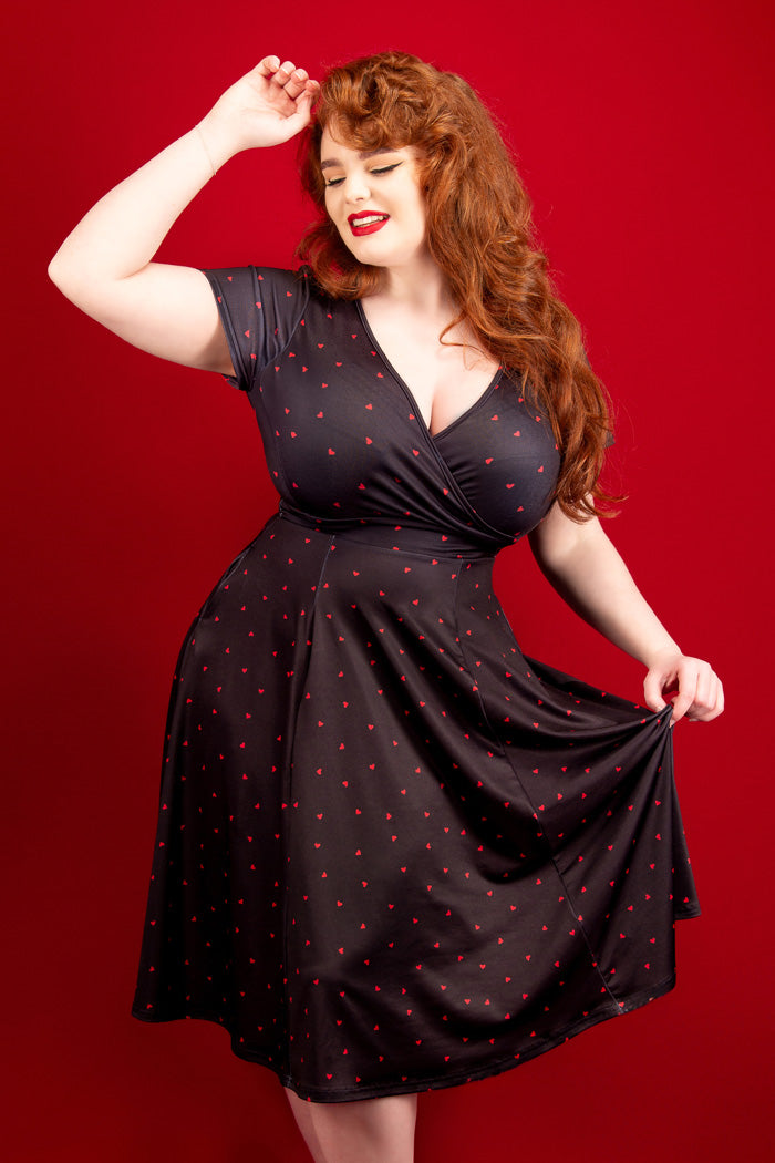 Lyra Dress - Red Hearts on Black, Lady V London