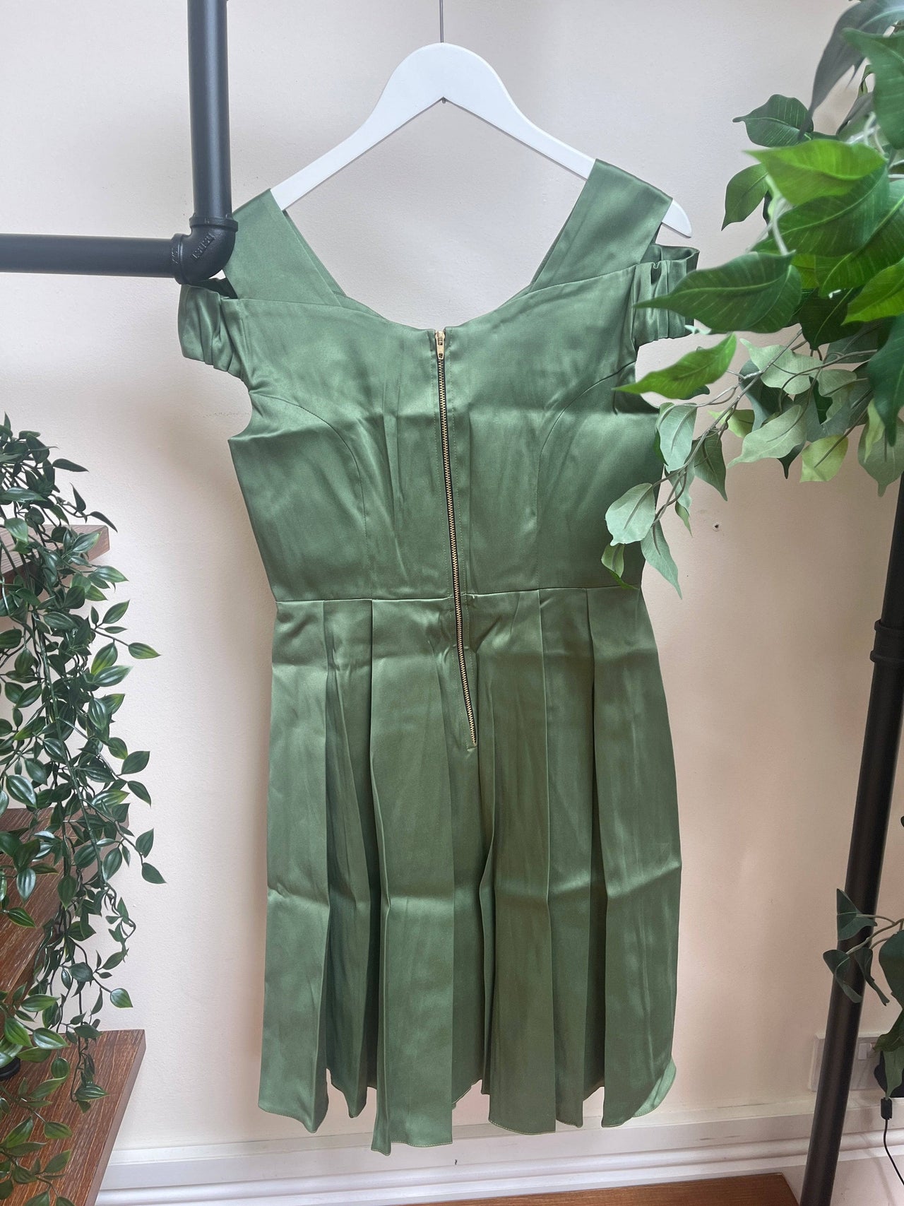 Bardot Tea Dress - Khaki Satin (10) 10 Lady Vintage London Outlet