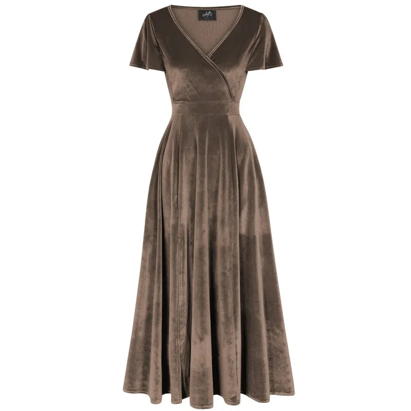 Lyra Maxi Dress - Golden Mocha Velvet Lady V London Lyra Maxi Dress - Golden Mocha Velvet Lady V London
