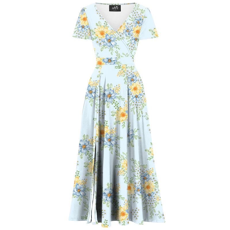 blue and yellow floral maxi dress Nerida Low Back Twist Floral Maxi Dress Yellow