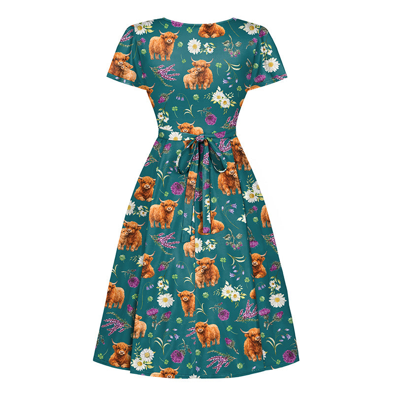 Lyra - Short Sleeve Dress - Highland Cow