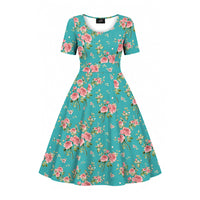 Thumbnail for Betty Dress - Pink Roses on Teal