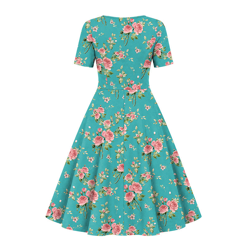 Betty Dress - Pink Roses on Teal
