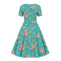 Thumbnail for Betty Dress - Pink Roses on Teal