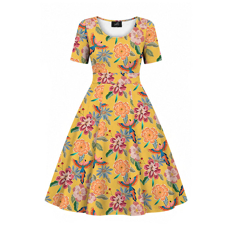 Betty Dress - Mustard Macaws
