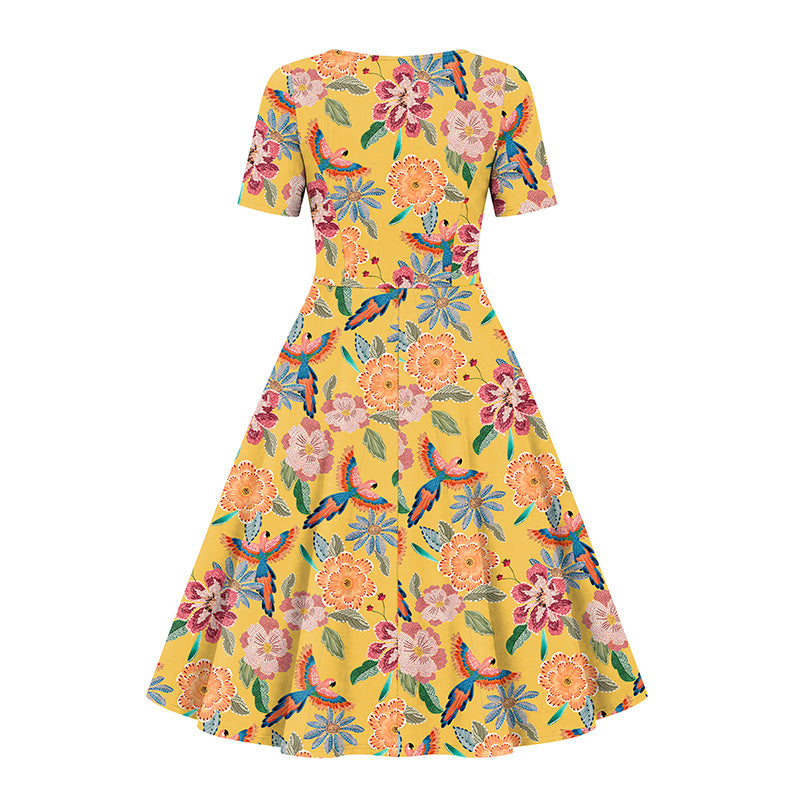 Betty Dress - Mustard Macaws