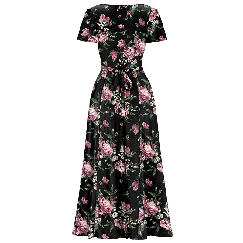 Lyra - Maxi Dress - Pink Blooms on Black