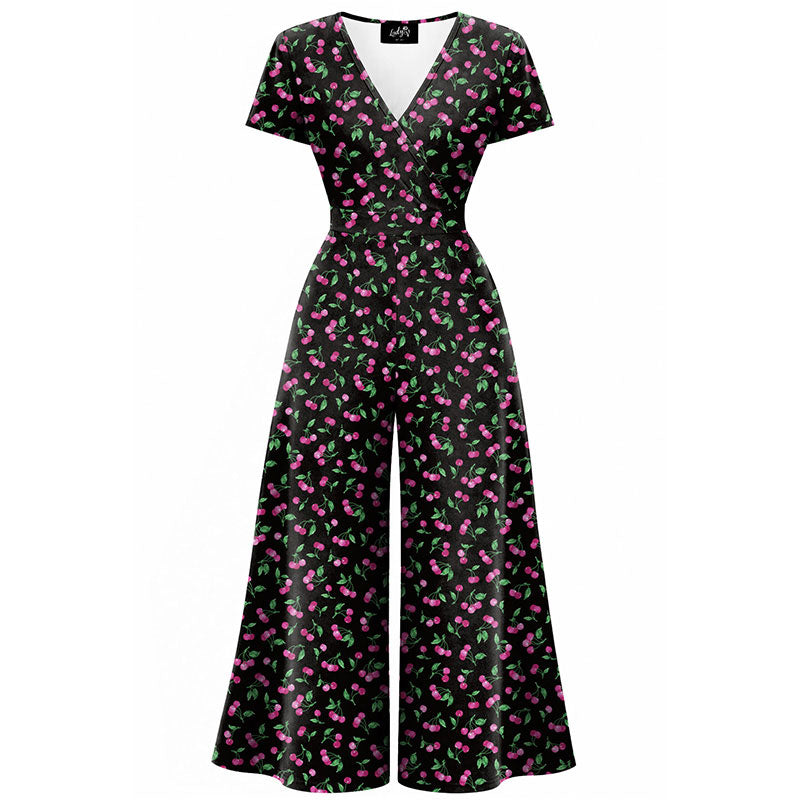 Jumpsuit - Short Sleeve Dress - Pink Cherry