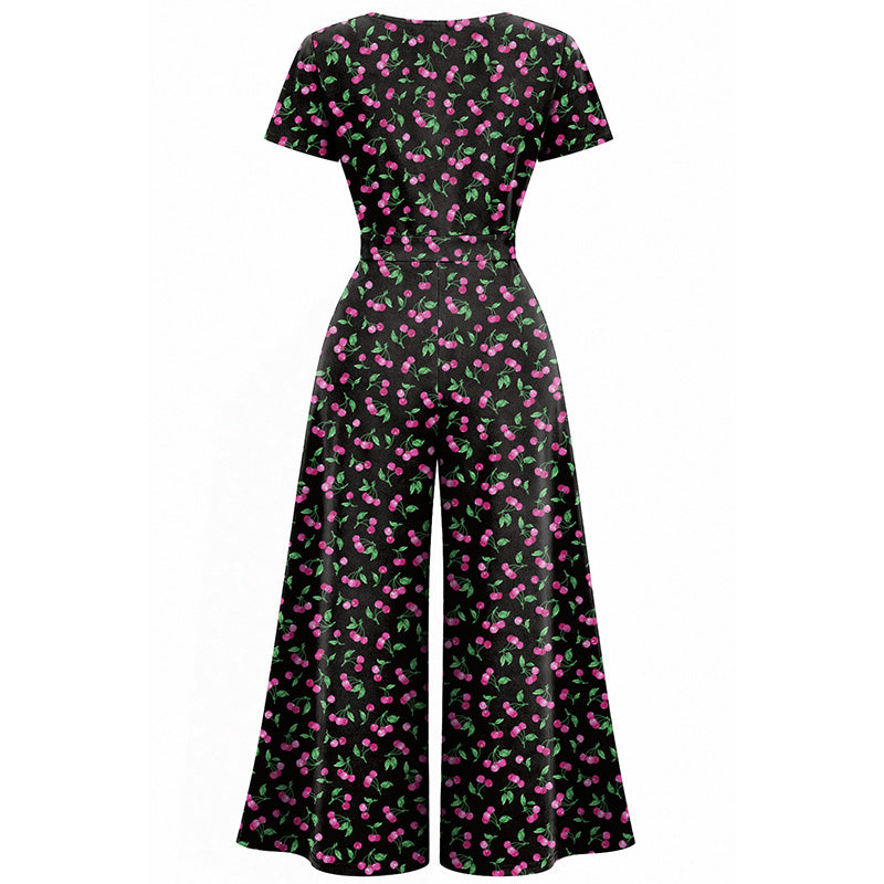 Jumpsuit - Short Sleeve Dress - Pink Cherry