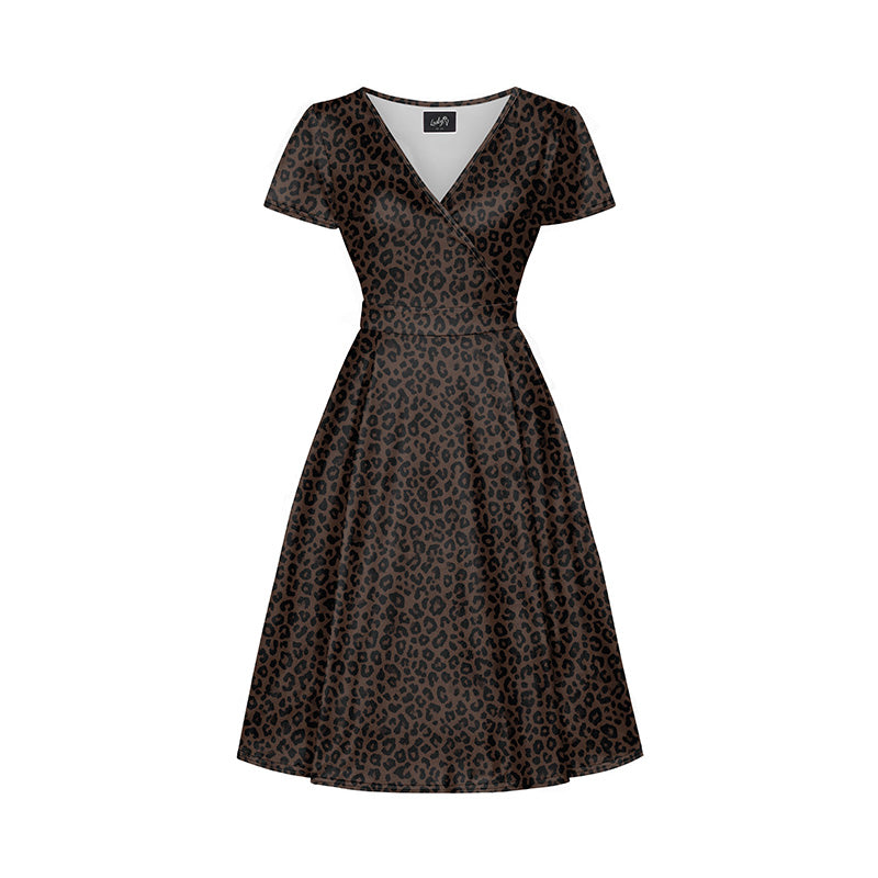 Lyra - Short Sleeve Dress - Dark Brown Leopard Print