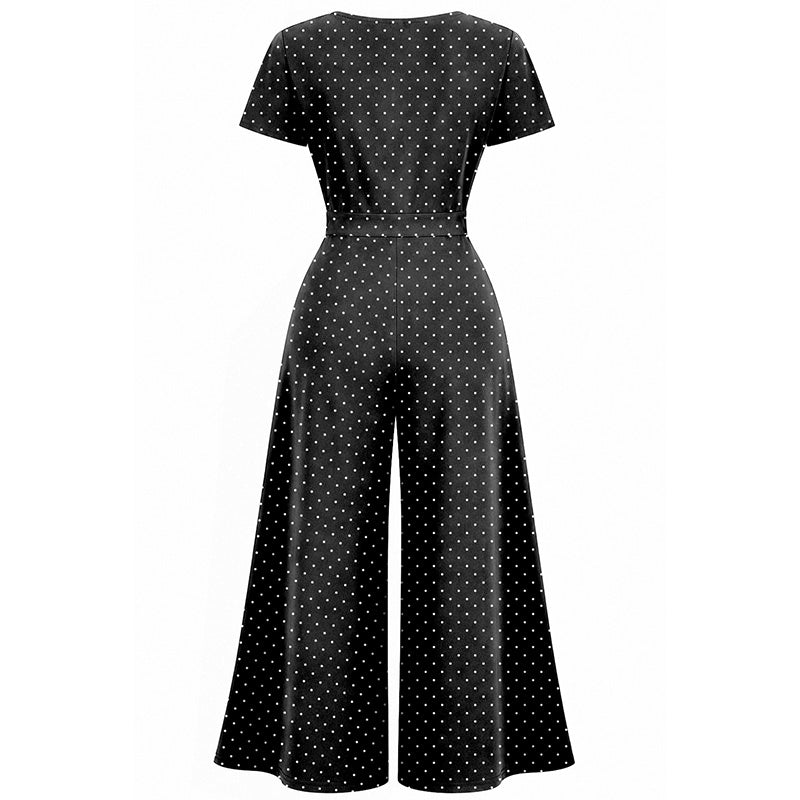 Jumpsuit - Short Sleeve Dress - Mini Black Polka Dot