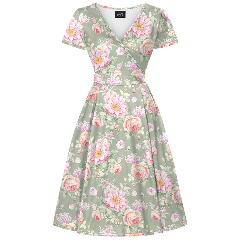 Lyra - Short Sleeve Dress - Classic Sage Floral Lady V London Lyra - Short Sleeve Dress - Classic Sage Floral Lady V London