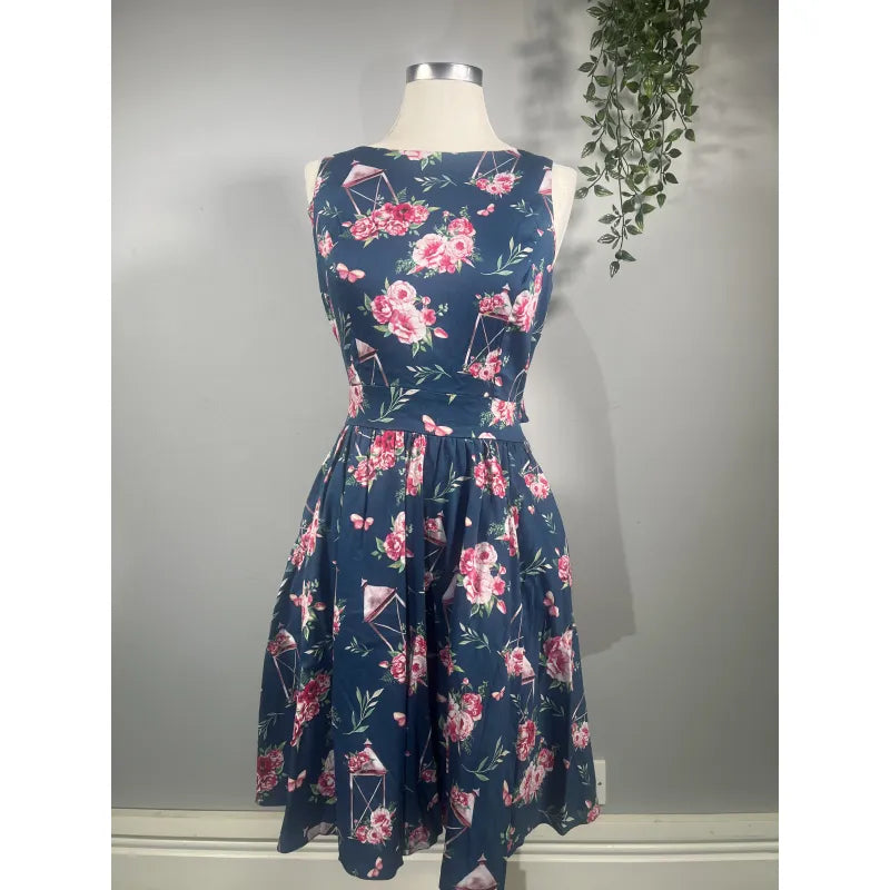 Tea Dress - Pink Roses on Navy (12), Lady V London