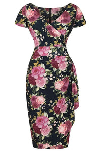 Thumbnail for Elsie Dress - Pink Flowers on Navy - Lady V London
