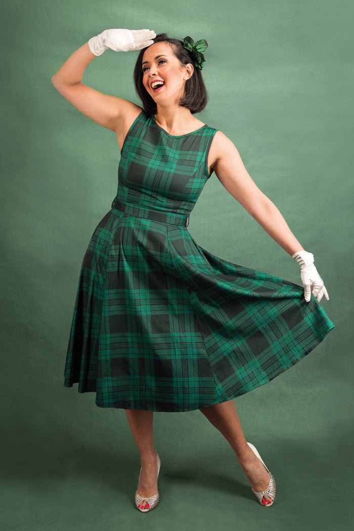 Hepburn Dress - Galway Green Tartan - Lady V London