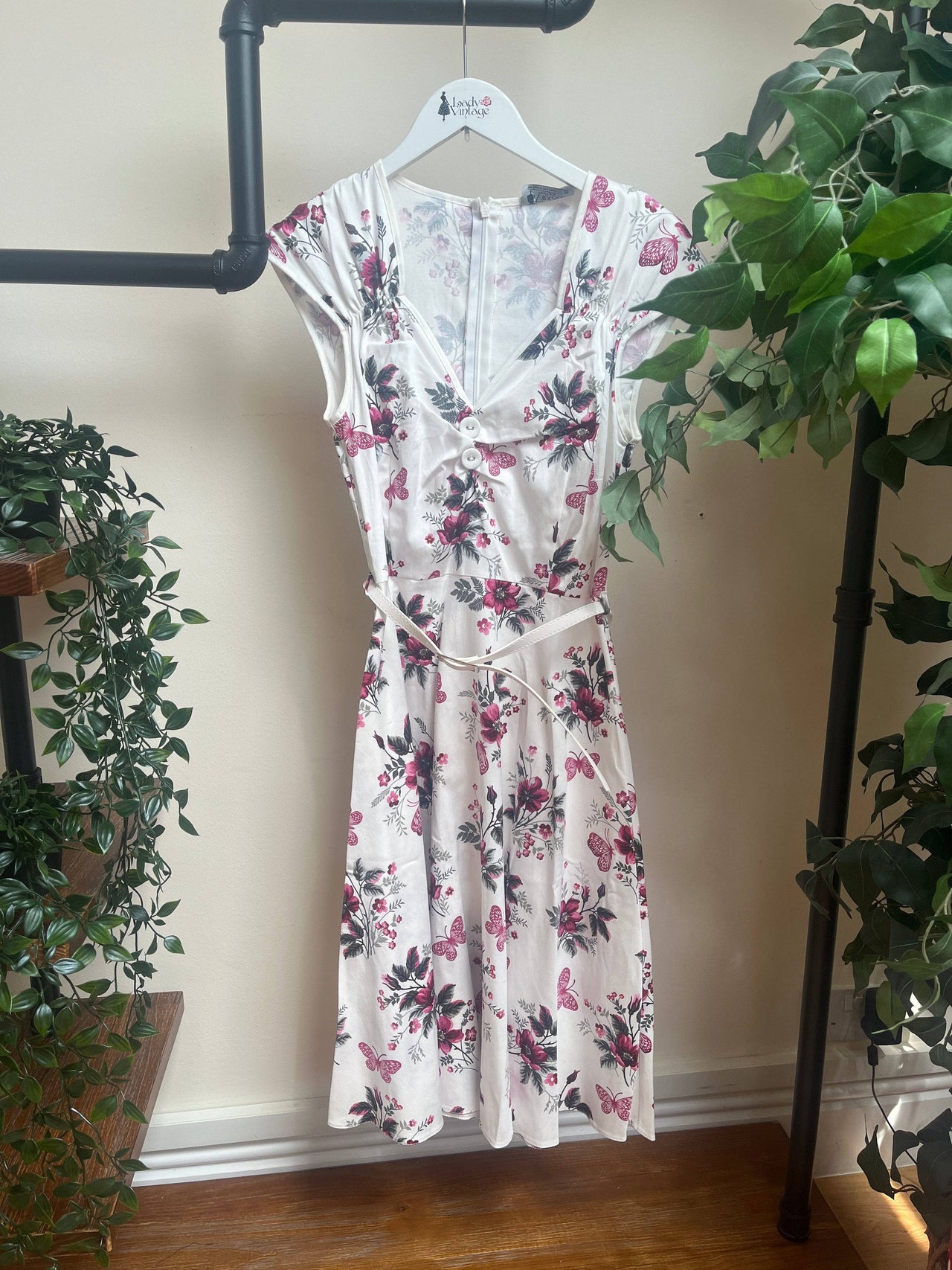 Isabella Dress - Pink Flowers on White (12) 12 Lady Vintage London Outlet