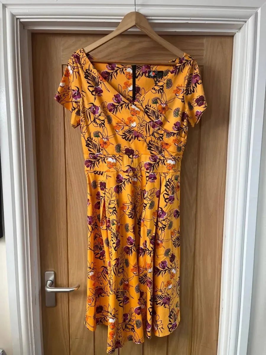 Lady V Dress - Purple Flowers on Yellow (14) 14 Lady Vintage London Outlet