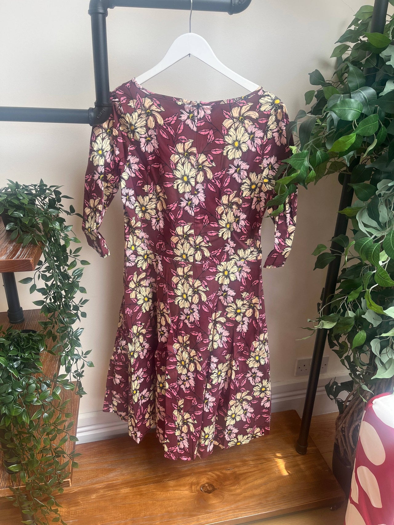 Lady V Dress - Yellow Flowers on Maroon (16) 16 Lady Vintage London Outlet