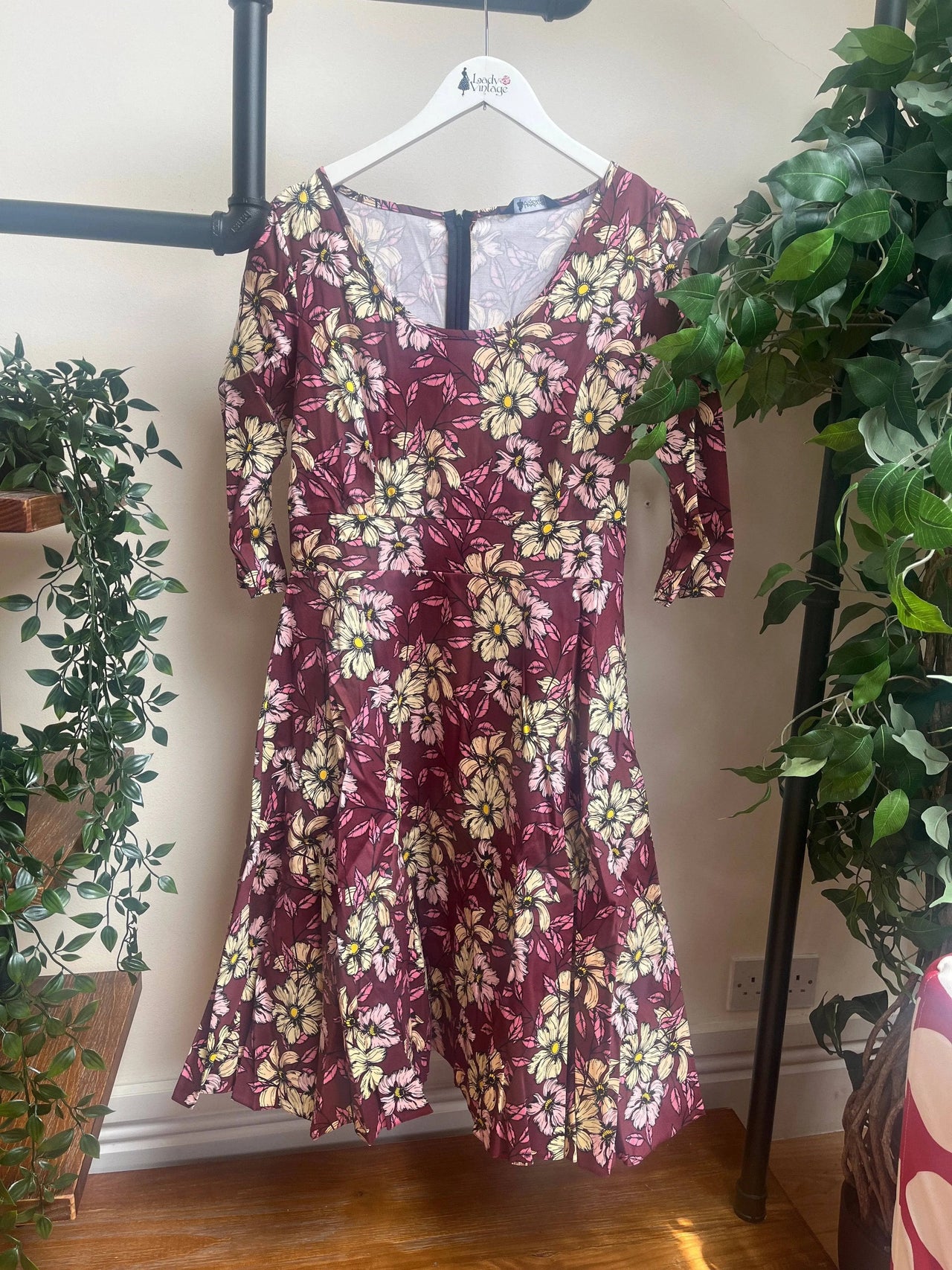 Lady V Dress - Yellow Flowers on Maroon (16) 16 Lady Vintage London Outlet