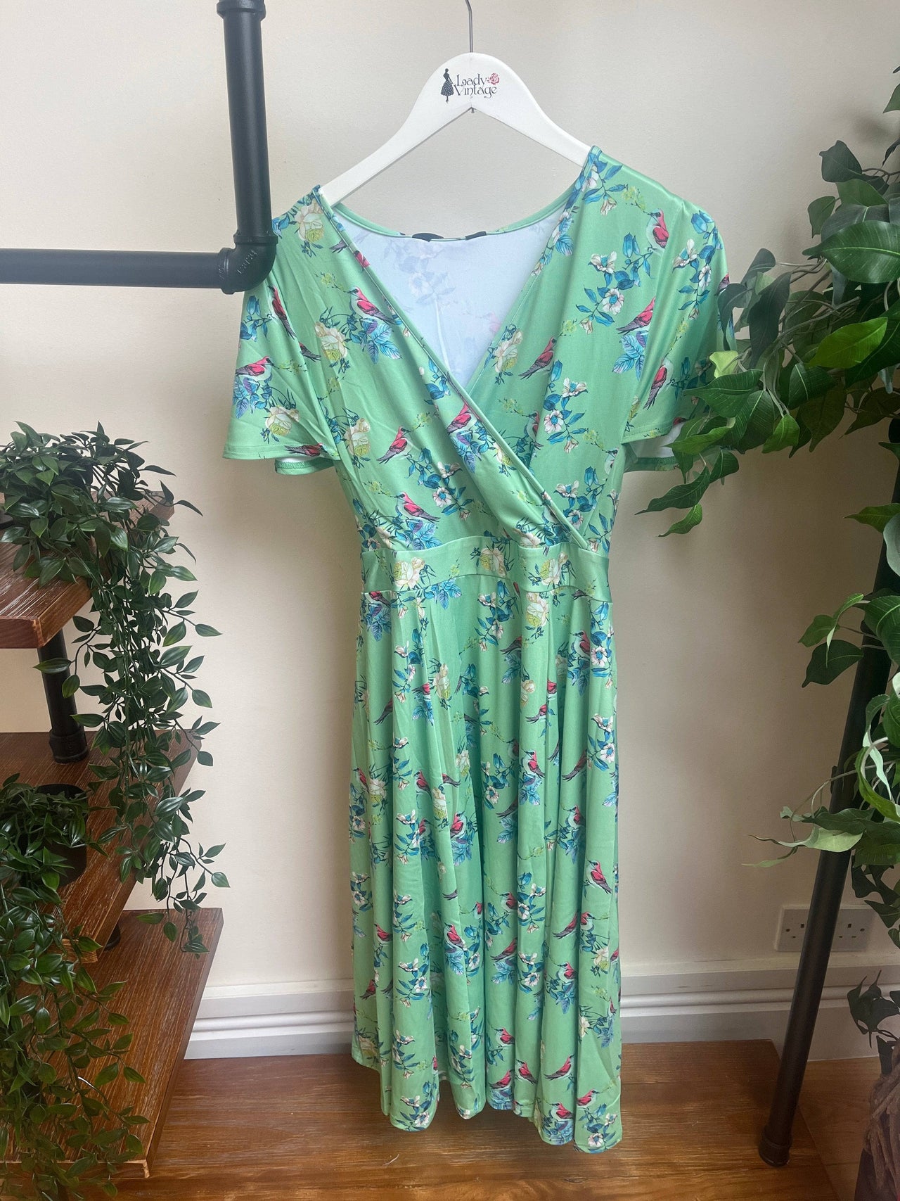 Lyra Dress - Birds on Pastel Green (14) 14 Lady Vintage London Outlet