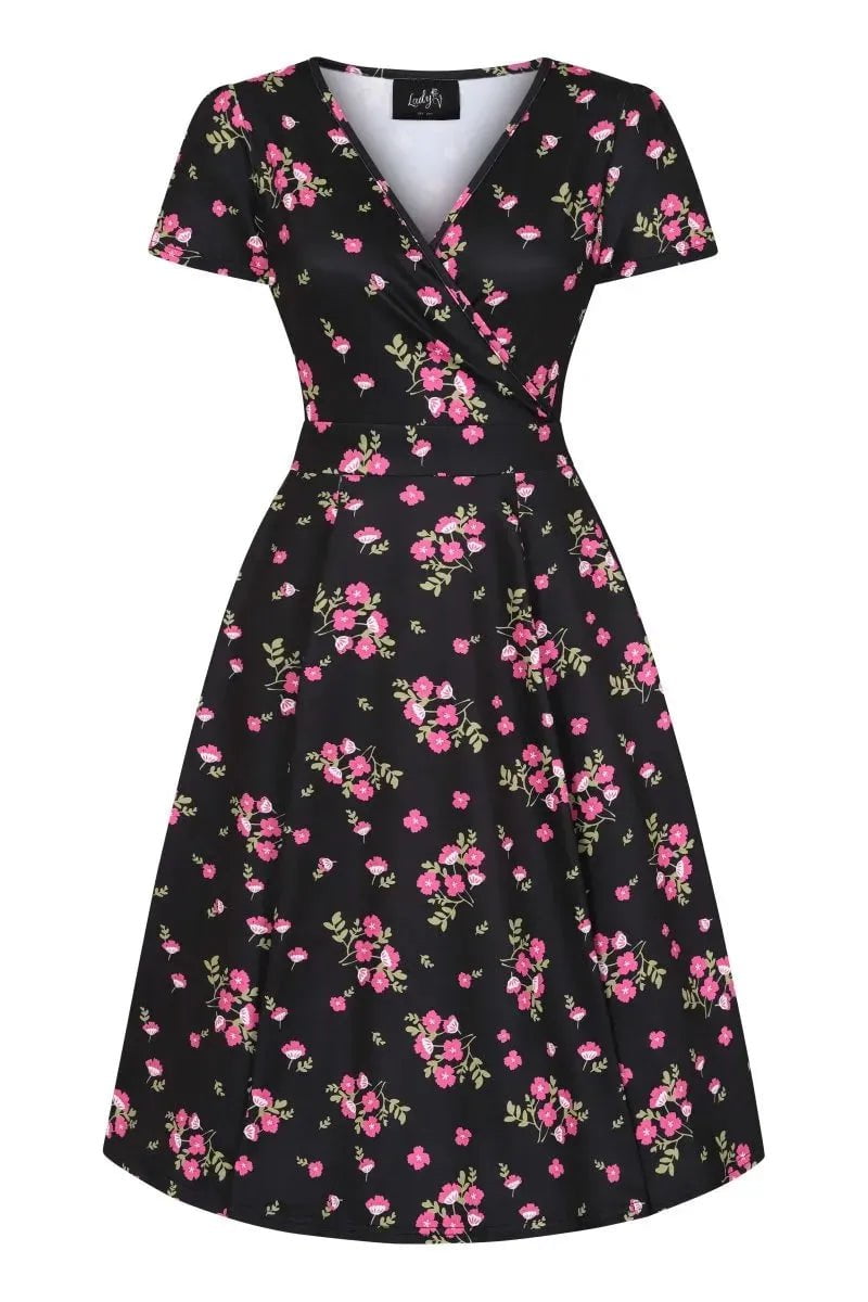 Lyra Dress - Pink Flowers on Black Lady Vintage Lyra Dresses