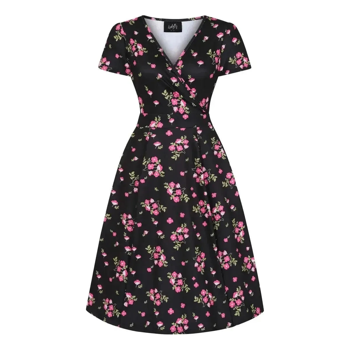 Lyra Dress - Pink Flowers on Black Lady Vintage Lyra Dresses