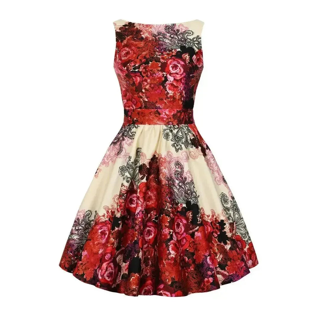 Tea Dress - Red Collage Lady Vintage Tea Dresses