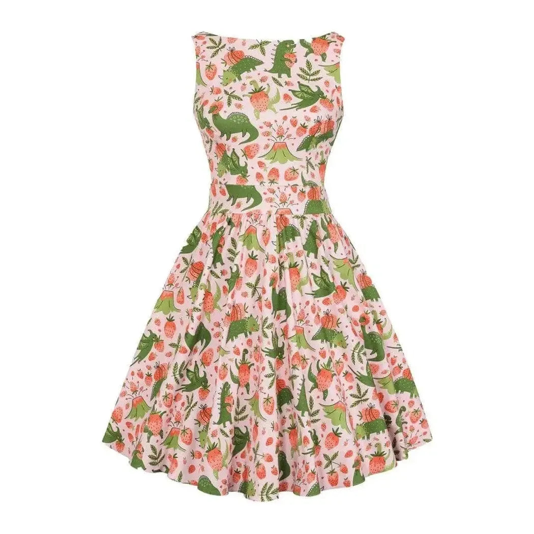 Tea Dress - Strawberry Dino on Pink Lady Vintage Tea Dresses