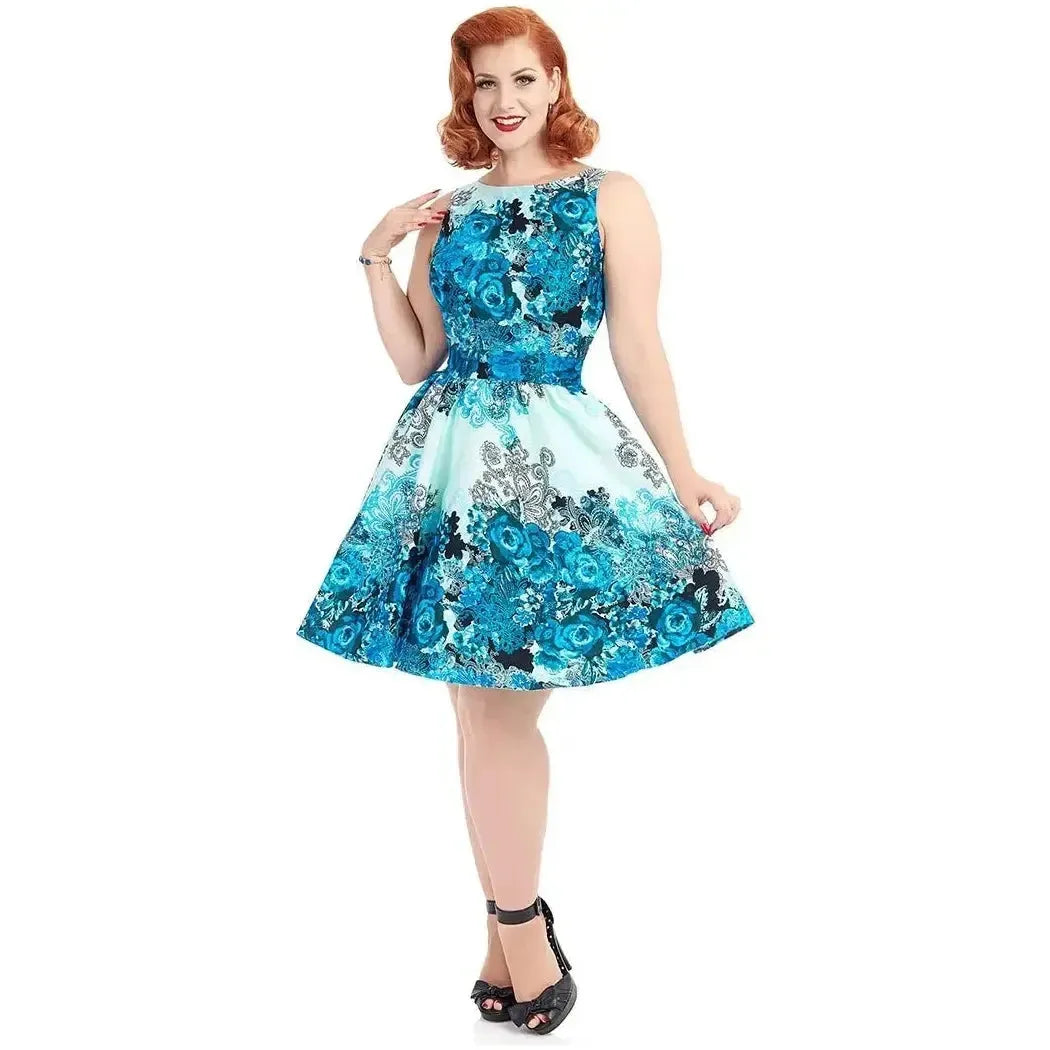 Tea Dress - Teal Collage Lady Vintage Tea Dresses