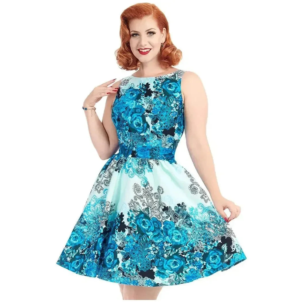 Tea Dress - Teal Collage Lady Vintage Tea Dresses